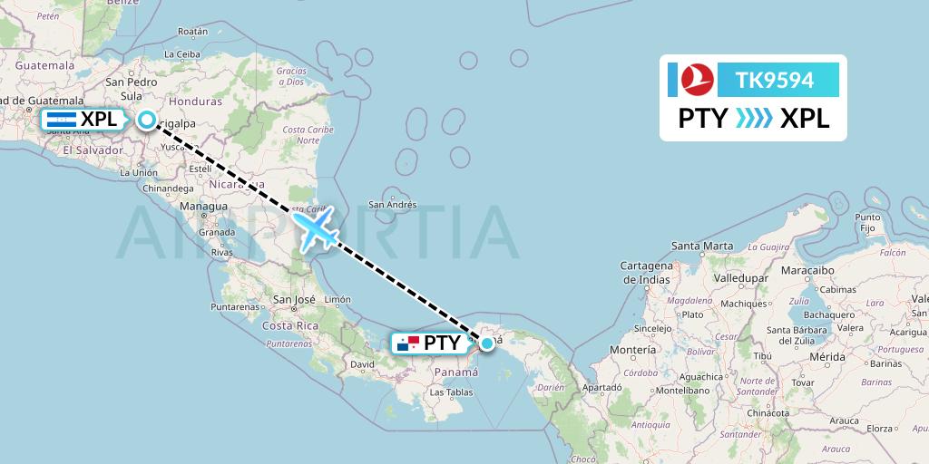 TK9594 Turkish Airlines Flight Map: Panama City to Comayagua