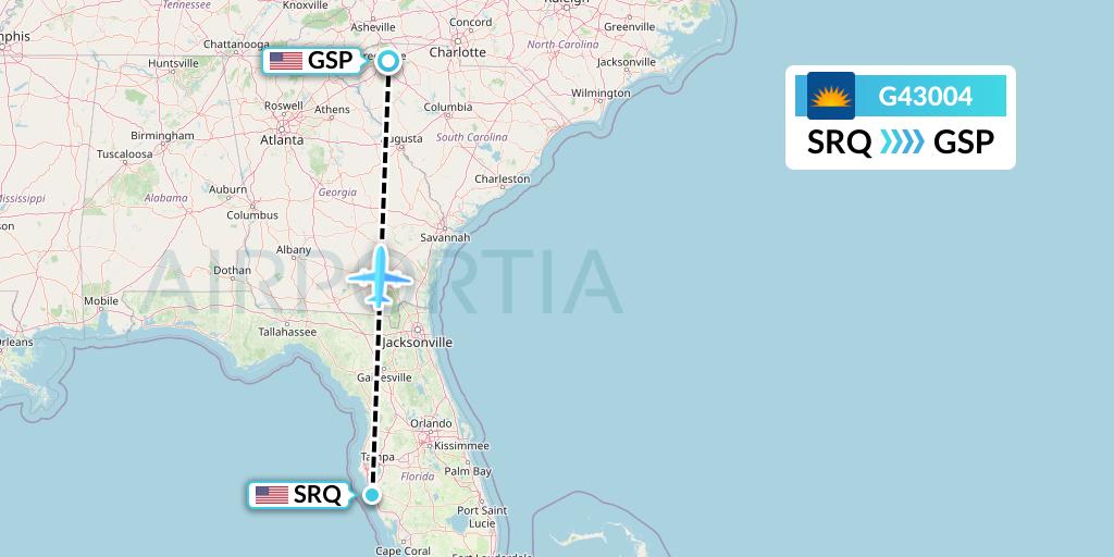 G43004 Allegiant Air Flight Map: Sarasota to Greenville-Spartanburg