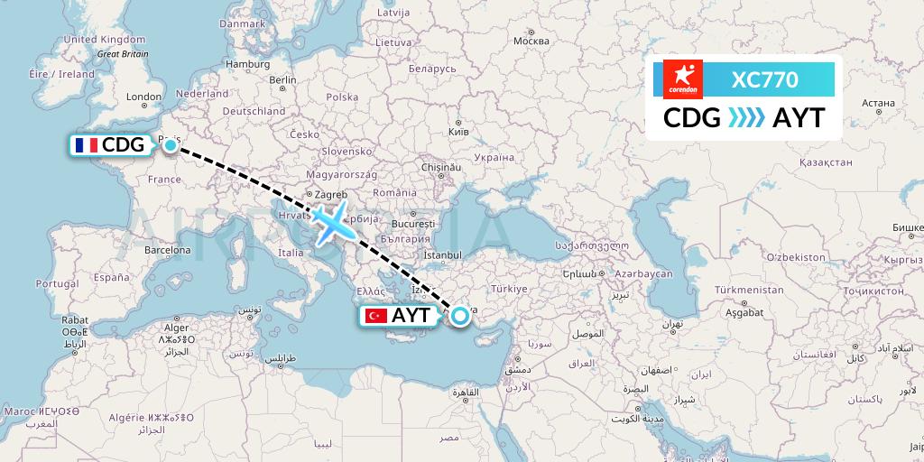 XC770 Corendon Airlines Flight Map: Paris to Antalya