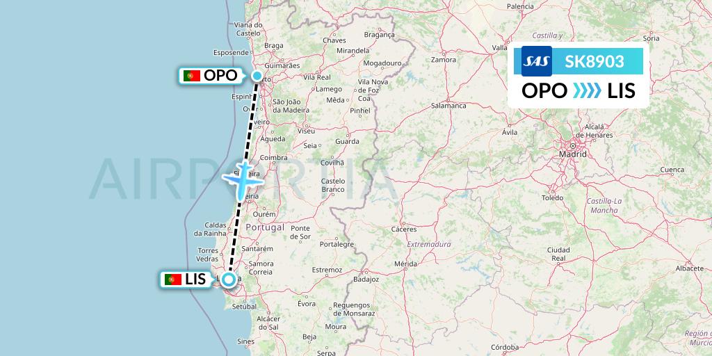 SK8903 SAS Flight Map: Porto to Lisbon