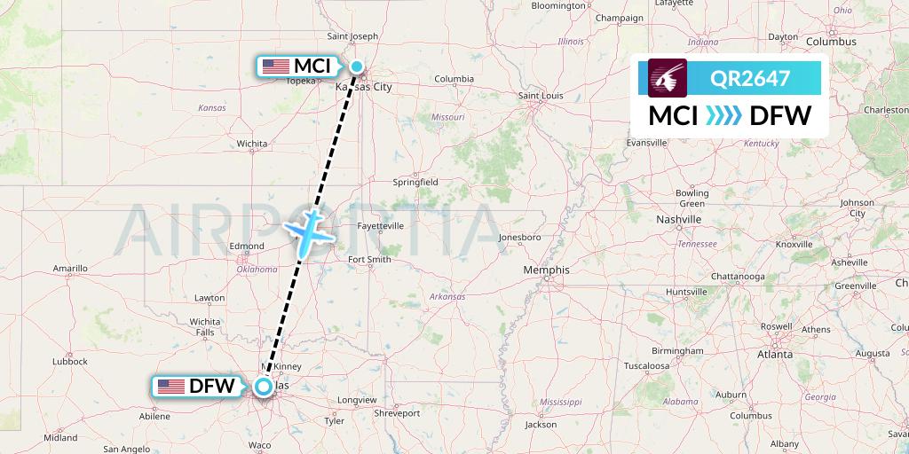 QR2647 Qatar Airways Flight Map: Kansas City to Dallas
