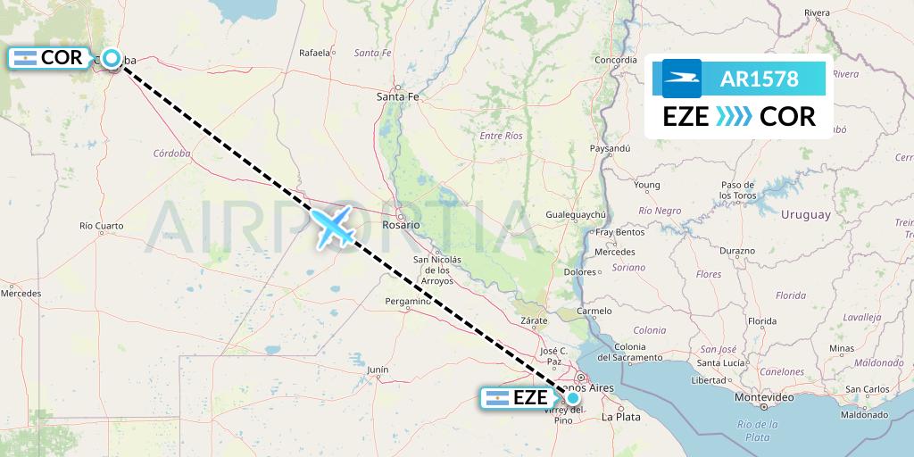 AR1578 Aerolineas Argentinas Flight Map: Buenos Aires to Cordoba