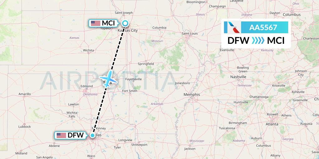 AA5567 American Airlines Flight Map: Dallas to Kansas City