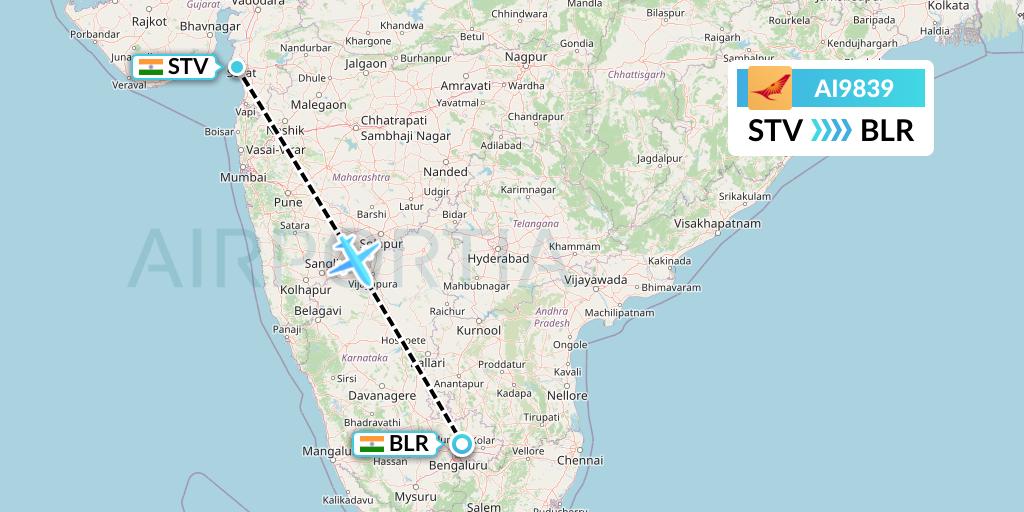 AI9839 Air India Flight Map: Surat to Bangalore