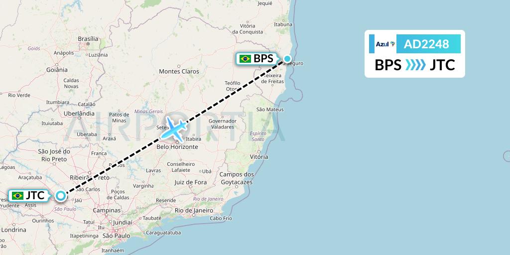AD2248 Azul Brazilian Airlines Flight Map: Porto Seguro to Bauru