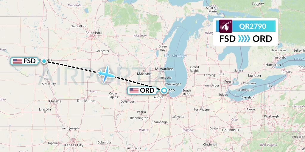 QR2790 Qatar Airways Flight Map: Sioux Falls to Chicago