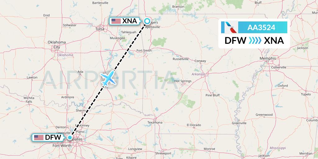 AA3524 American Airlines Flight Map: Dallas to Bentonville