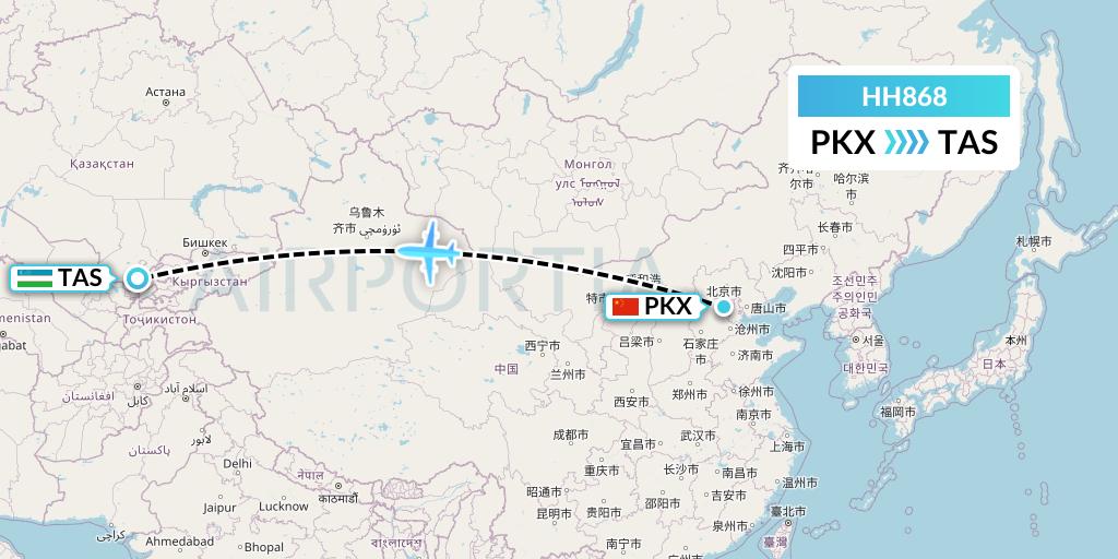 HH868 Qanot Sharq Flight Map: Beijing to Tashkent