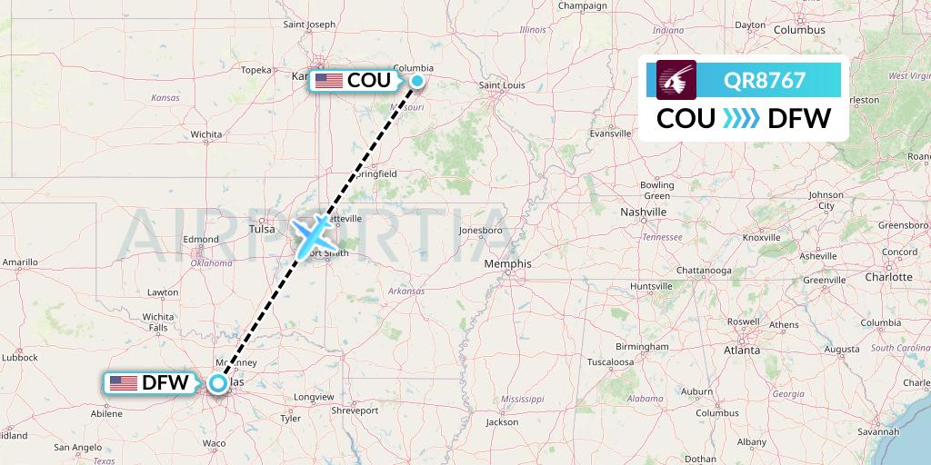 QR8767 Qatar Airways Flight Map: Columbia to Dallas