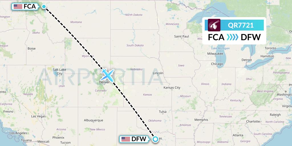 QR7721 Qatar Airways Flight Map: Kalispell to Dallas