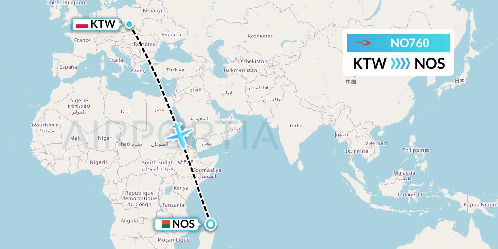 NO760 Neos Flight Map: Katowice to Nosy Be