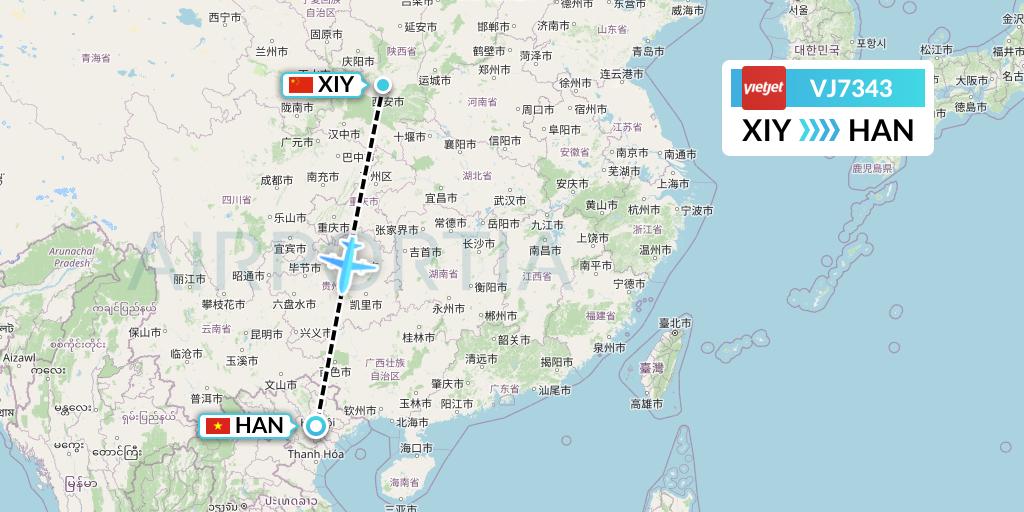 VJ7343 VietJet Air Flight Map: Xi'an to Hanoi