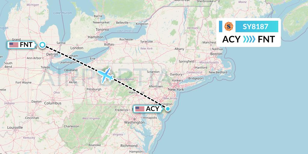 SY8187 Sun Country Airlines Flight Map: Atlantic City to Flint