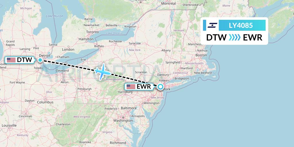LY4085 El Al Flight Map: Detroit to New York