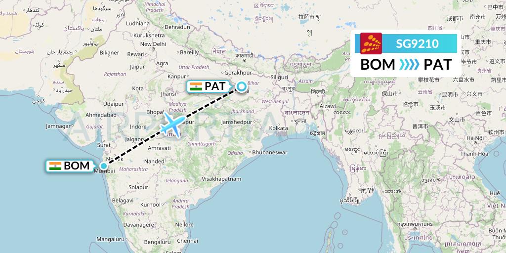 SG9210 SpiceJet Flight Map: Mumbai to Patna