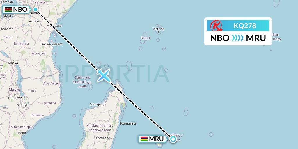 KQ278 Kenya Airways Flight Map: Nairobi to Port Louis