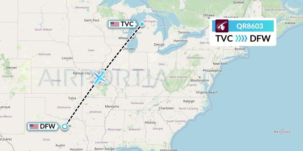 QR8603 Qatar Airways Flight Map: Traverse City to Dallas