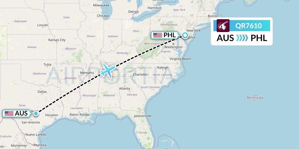 QR7610 Qatar Airways Flight Map: Austin to Philadelphia