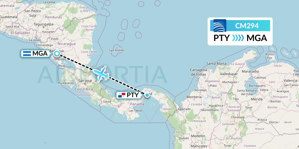 CM294 Copa Airlines Flight Map: Panama City to Managua