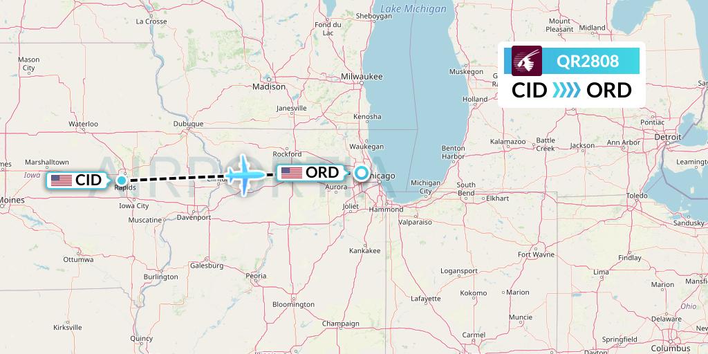 QR2808 Qatar Airways Flight Map: Cedar Rapids to Chicago