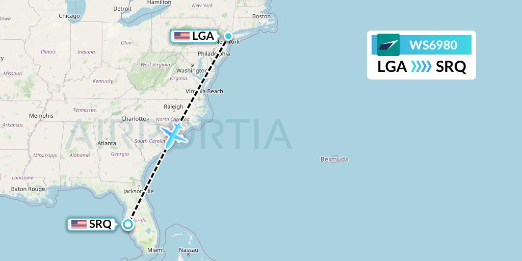 WS6980 WestJet Flight Map: New York to Sarasota