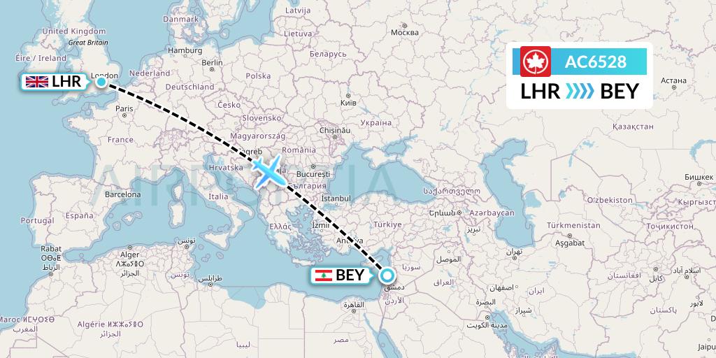 AC6528 Air Canada Flight Map: London to Beirut