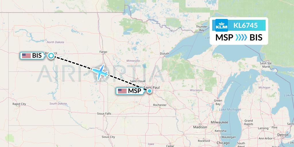 KL6745 KLM Flight Map: Minneapolis to Bismarck