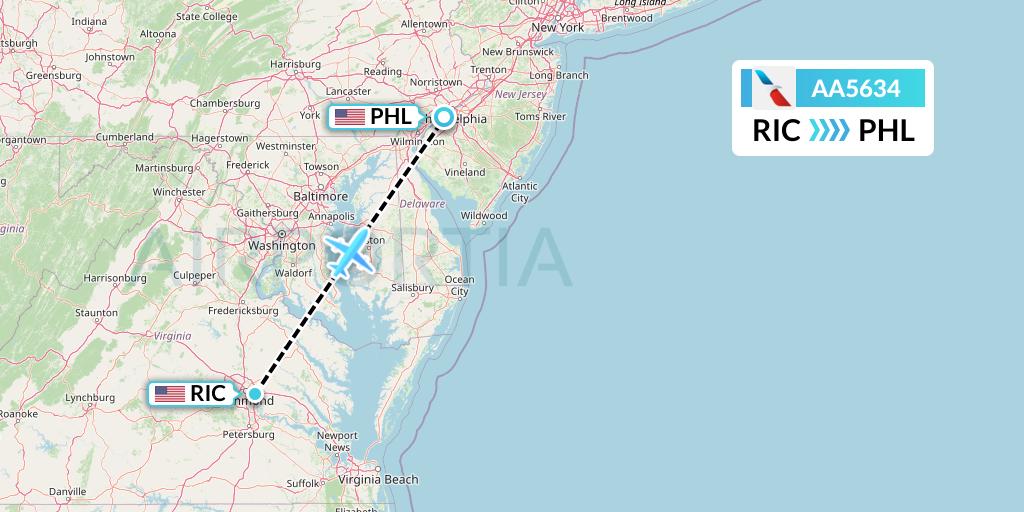 AA5634 American Airlines Flight Map: Richmond to Philadelphia