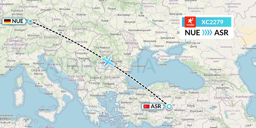 XC2279 Corendon Airlines Flight Map: Nurnberg to Kayseri