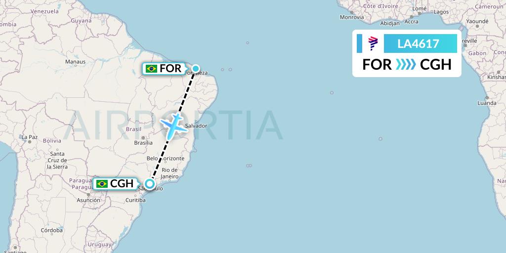 LA4617 LAN Airlines Flight Map: Fortaleza to Sao Paulo