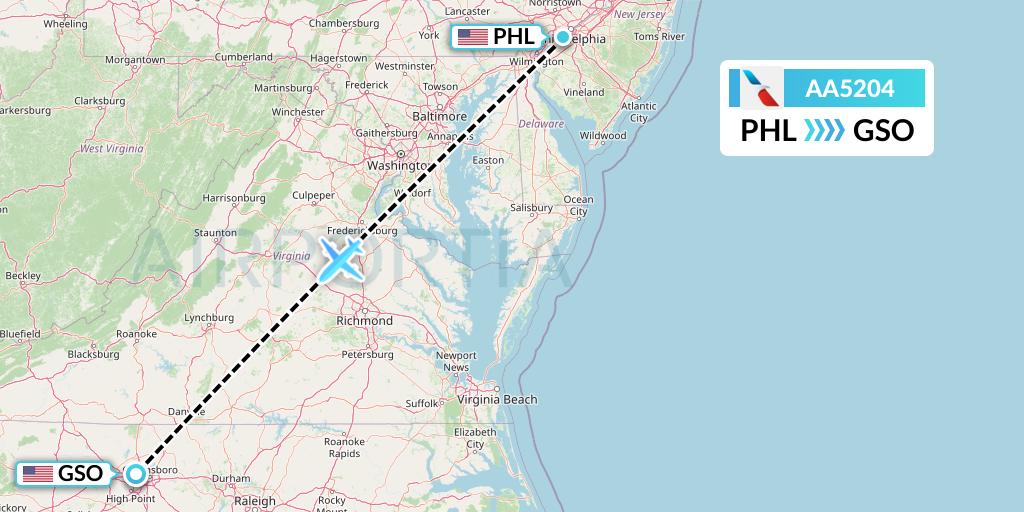 AA5204 American Airlines Flight Map: Philadelphia to Greensboro