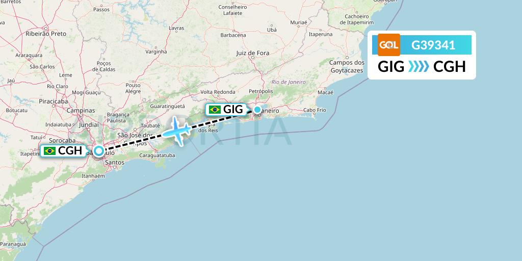 G39341 GOL Transportes Aeros Flight Map: Rio de Janeiro to Sao Paulo