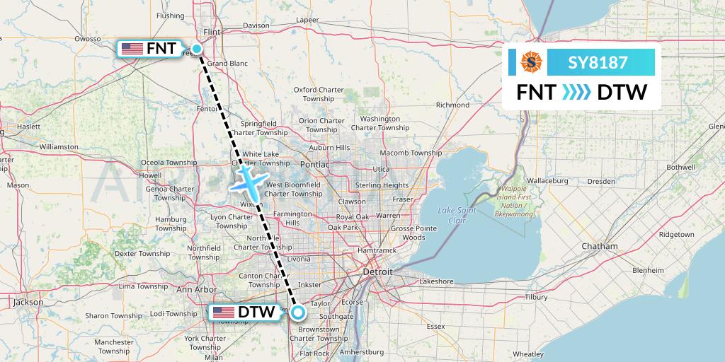 SY8187 Sun Country Airlines Flight Map: Flint to Detroit