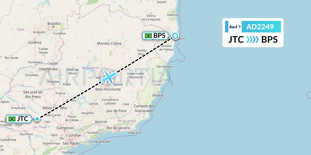 AD2249 Azul Brazilian Airlines Flight Map: Bauru to Porto Seguro