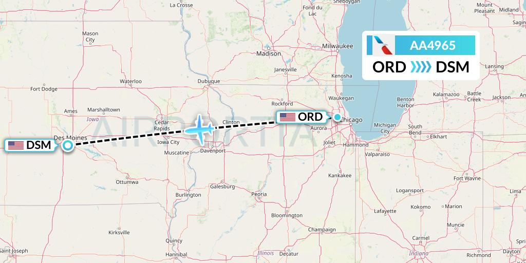 AA4965 American Airlines Flight Map: Chicago to Des Moines