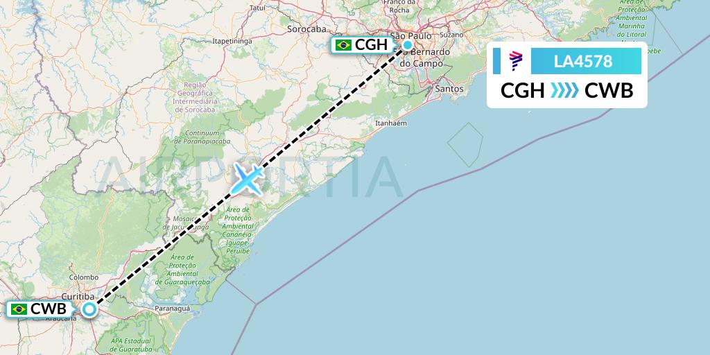 LA4578 LAN Airlines Flight Map: Sao Paulo to Curitiba