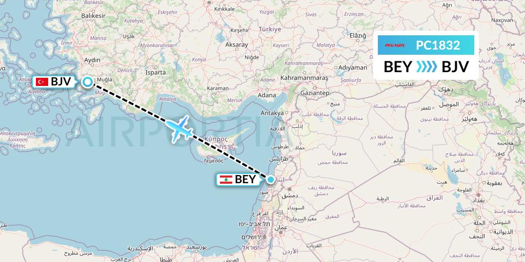PC1832 Pegasus Airlines Flight Map: Beirut to Bodrum