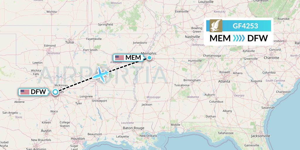 GF4253 Gulf Air Flight Map: Memphis to Dallas