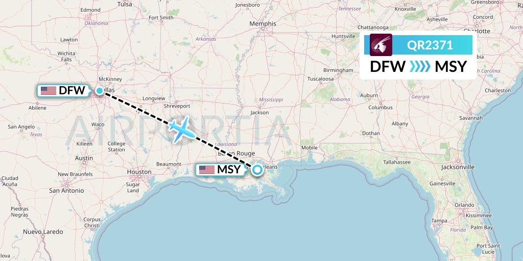 QR2371 Qatar Airways Flight Map: Dallas to New Orleans