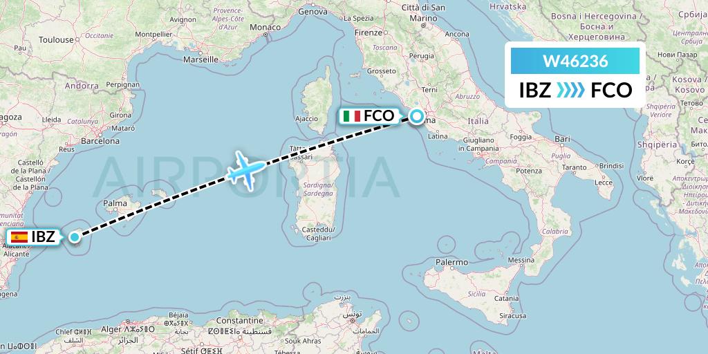 W46236 Wizz Air Malta Flight Map: Ibiza to Rome