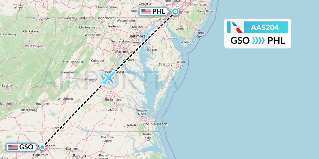 AA5204 American Airlines Flight Map: Greensboro to Philadelphia