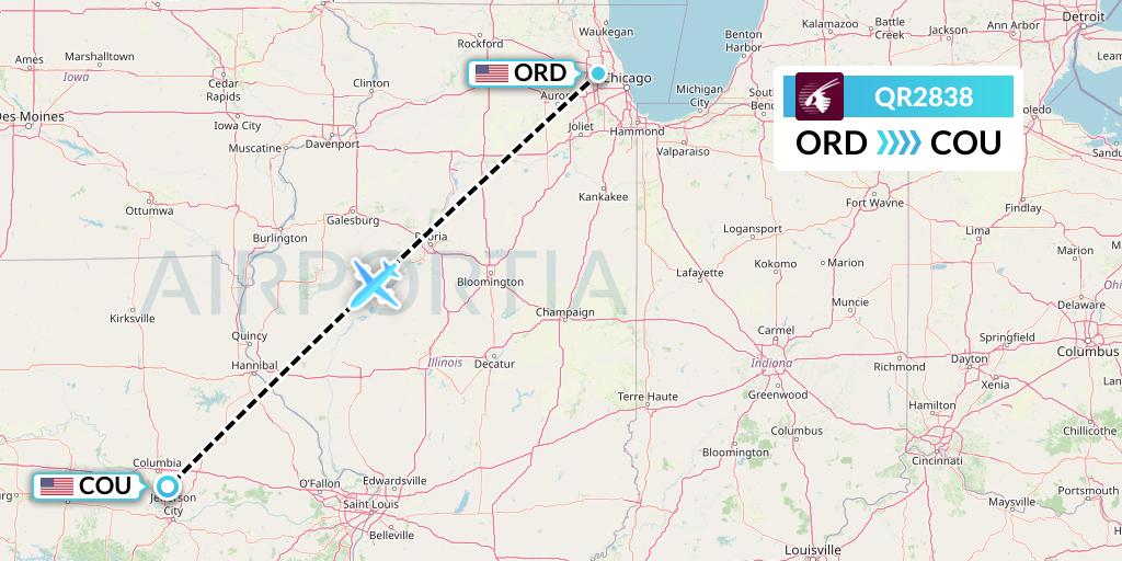 QR2838 Qatar Airways Flight Map: Chicago to Columbia