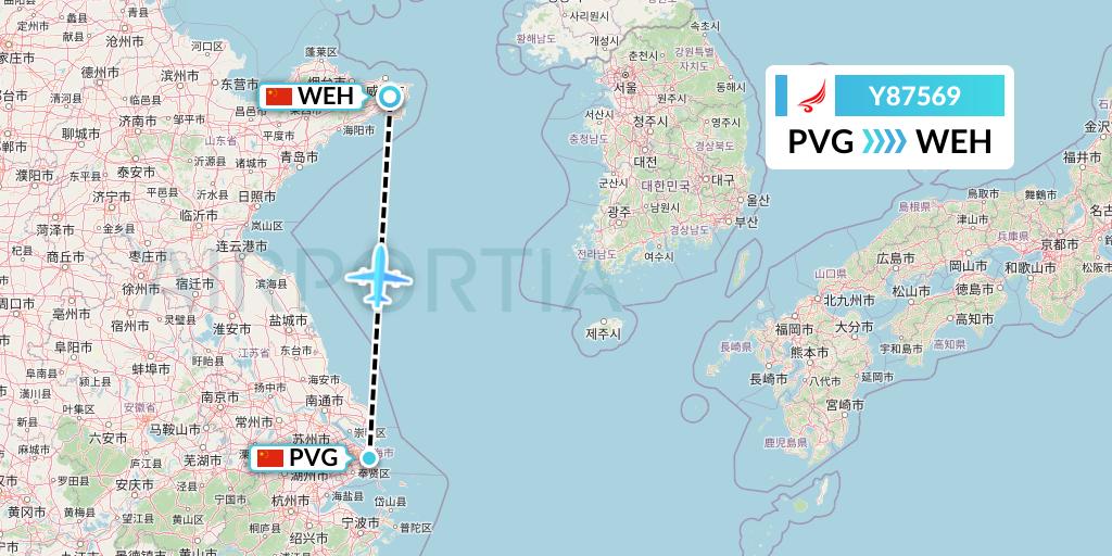 Y87569 Yangtze River Express Flight Map: Shanghai to Weihai