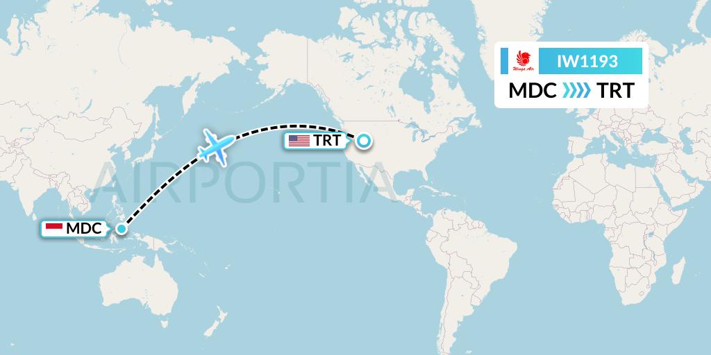 IW1193 Wings Air Flight Map: Manado to Tremonton