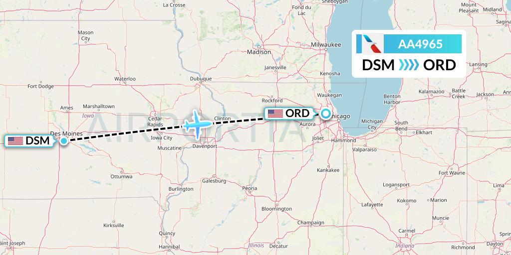 AA4965 American Airlines Flight Map: Des Moines to Chicago