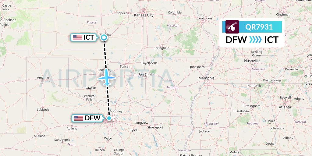 QR7931 Qatar Airways Flight Map: Dallas to Wichita