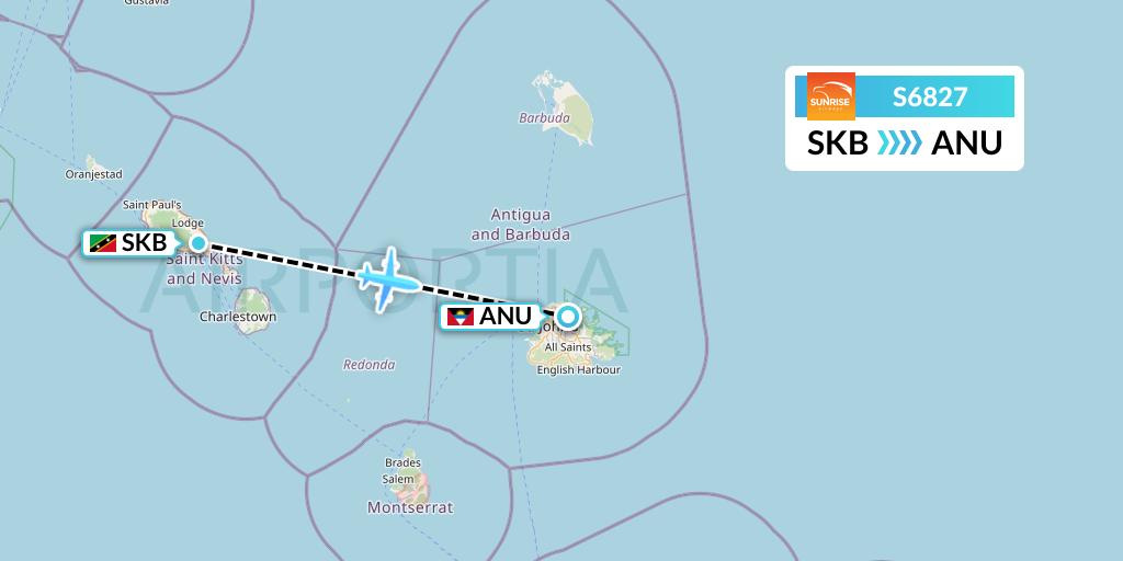 S6827 Sunrise Airways Flight Map: Basseterre to Antigua