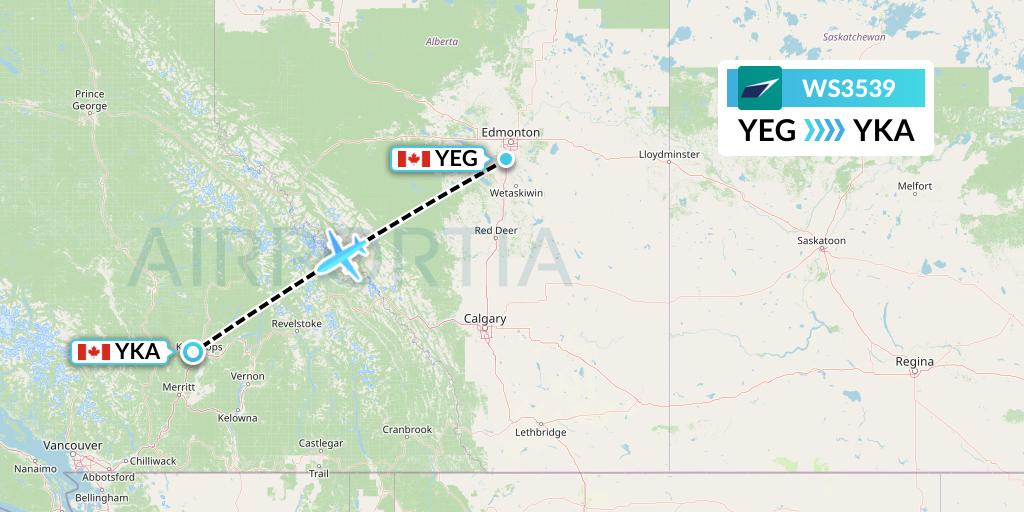 WS3539 WestJet Flight Map: Edmonton to Kamloops