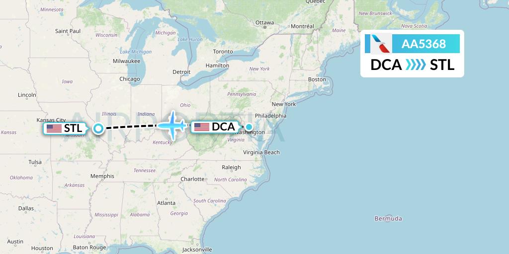 AA5368 American Airlines Flight Map: Washington to St. Louis