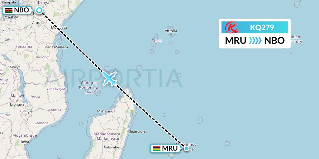 KQ279 Kenya Airways Flight Map: Port Louis to Nairobi